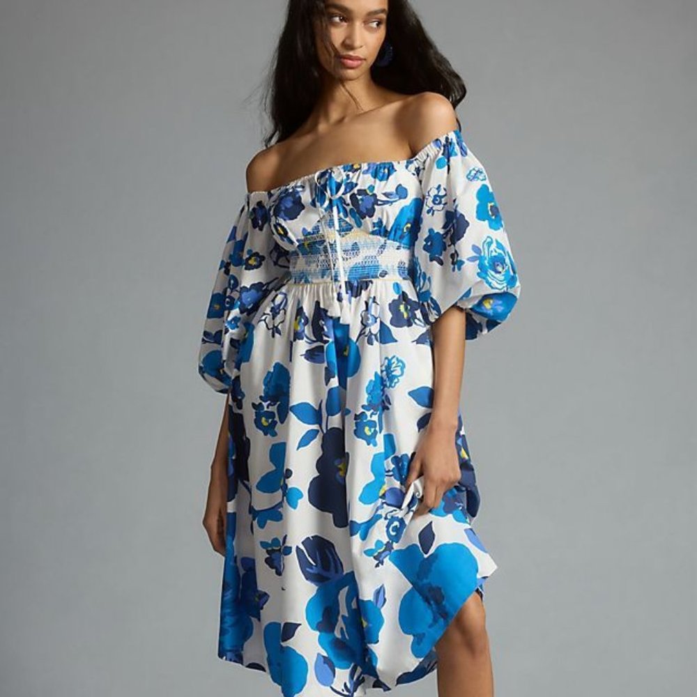 New Women's Plenty by Tracy Reese Off-The-Shoulder Puff-Sleeve Smocked Dress